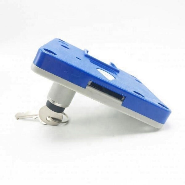 Blue coin operated cabinet lock with master key, designed for secure access control on cabinets and doors, ideal for vending machines and lockers.