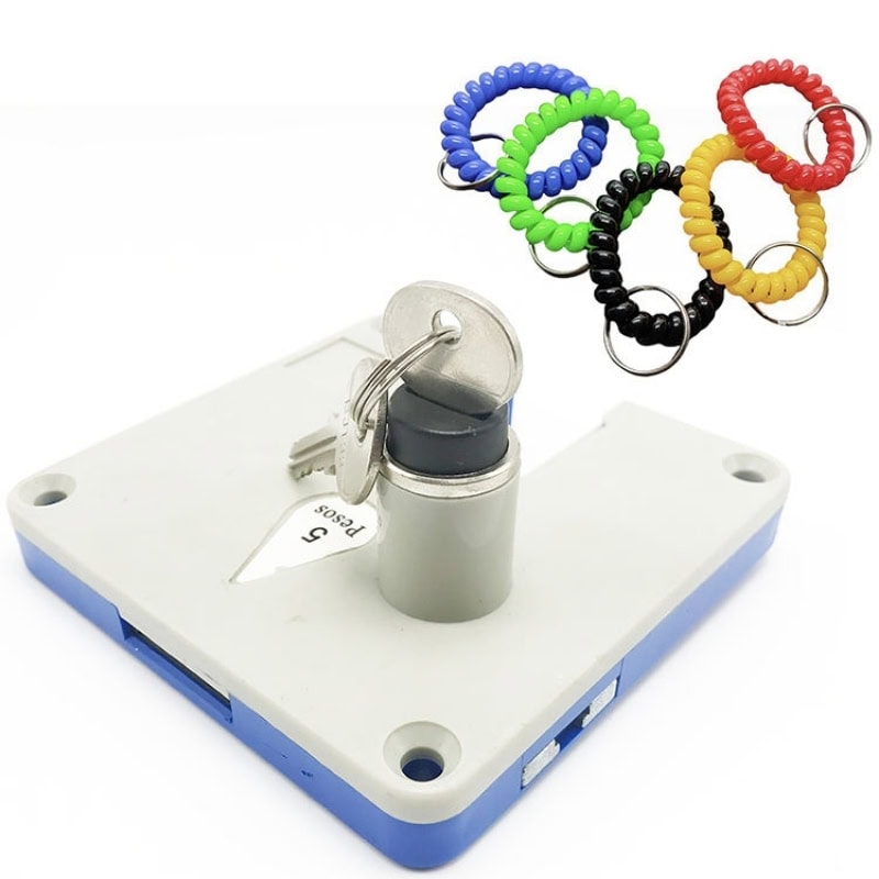 Secure coin operated cabinet lock with master key, ideal for vending machines, lockers, and cabinets. Durable and reliable locking solution to ensure safety and controlled access.