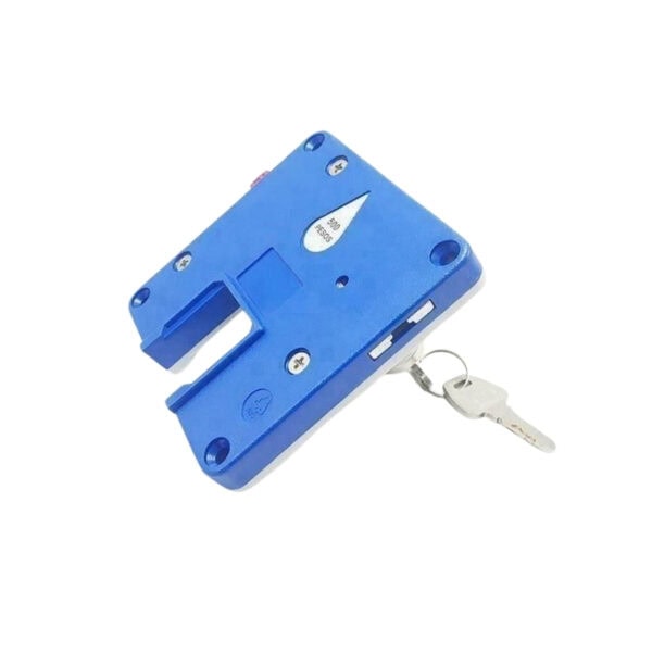 Secure coin-operated bathroom lock for gyms and public facilities, featuring a key for manual override. Durable blue metal construction ensures reliable access control and privacy.