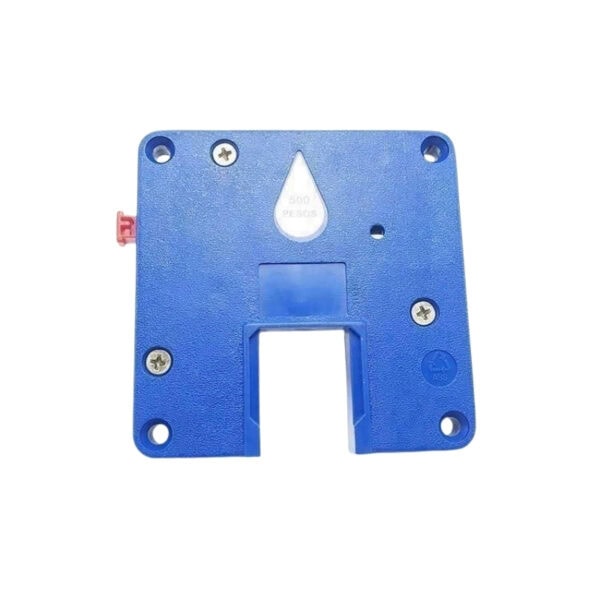 Coin operated bathroom lock with coin deposit feature, ideal for gyms and public facilities. Durable blue metal construction with secure locking mechanism for lockers and cabinets.