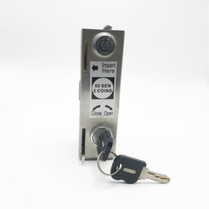 Durable stainless steel euro lock coin with key, designed for secure coin insertion and retrieval, ideal for vending machines and coin-operated devices.