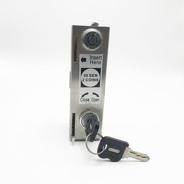 Durable stainless steel euro lock coin with key, designed for secure coin insertion and retrieval, ideal for vending machines and coin-operated devices.
