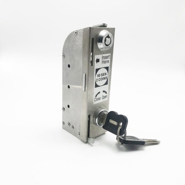 Durable stainless steel euro lock with key for secure coin access, ideal for coin-operated machines and vending systems. High-quality lock designed for reliability and security.