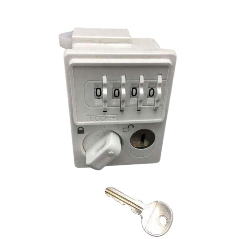 Белый цифровой кодовый замок с поворотным циферблатом и ключом для дверц шкафов, обеспечивающий надежный контроль доступа с возможностью настройки кода и резервного ключа.