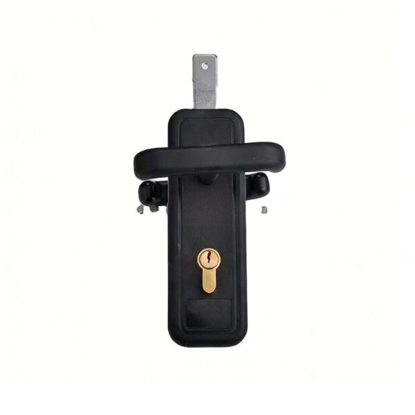High-security lock handle with bolt for doors and gates, featuring durable black metal and plastic design, key lock for added safety, perfect for residential and commercial use.