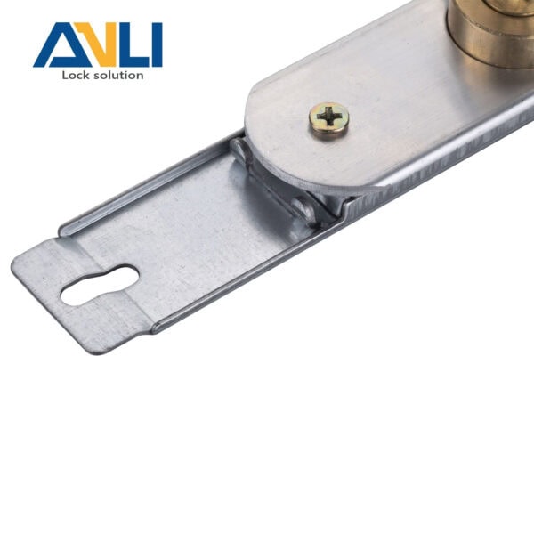 Heavy-duty drawer slide with lock mechanism for furniture or cabinetry. Made of durable metal for smooth operation and secure locking. Ideal for kitchen, bedroom, or office drawers.