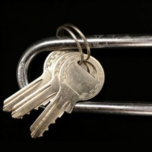 Keys on a metal bike lock with a double lock mechanism, symbolizing security and safety.