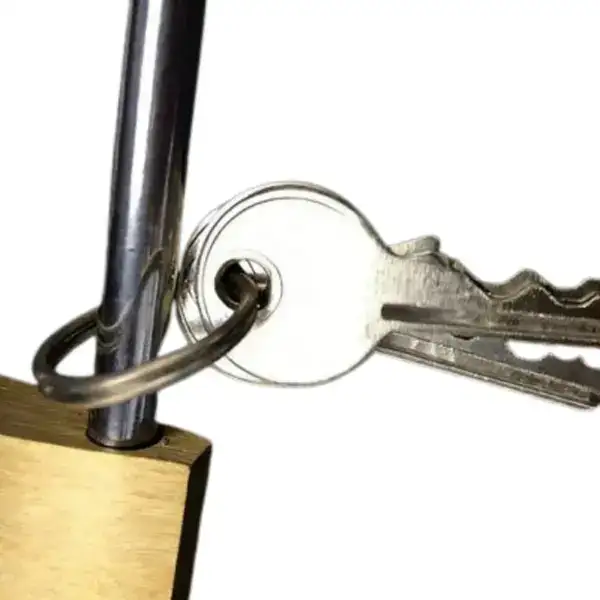 Secure weatherproof padlock with key for high security applications.