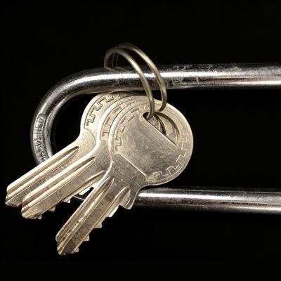 Keys on a metal bike lock with a double lock mechanism, symbolizing security and safety.