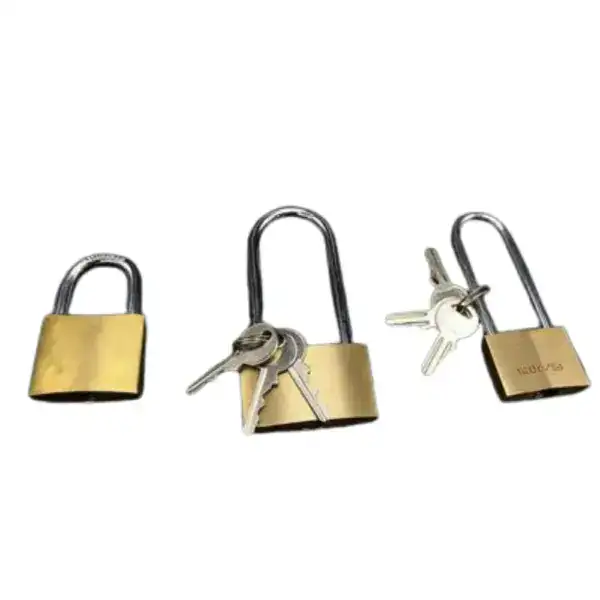High security weatherproof padlock with keys, durable brass body, and shackle for outdoor use. Ideal for securing gates, lockers, and storage units in harsh weather conditions.