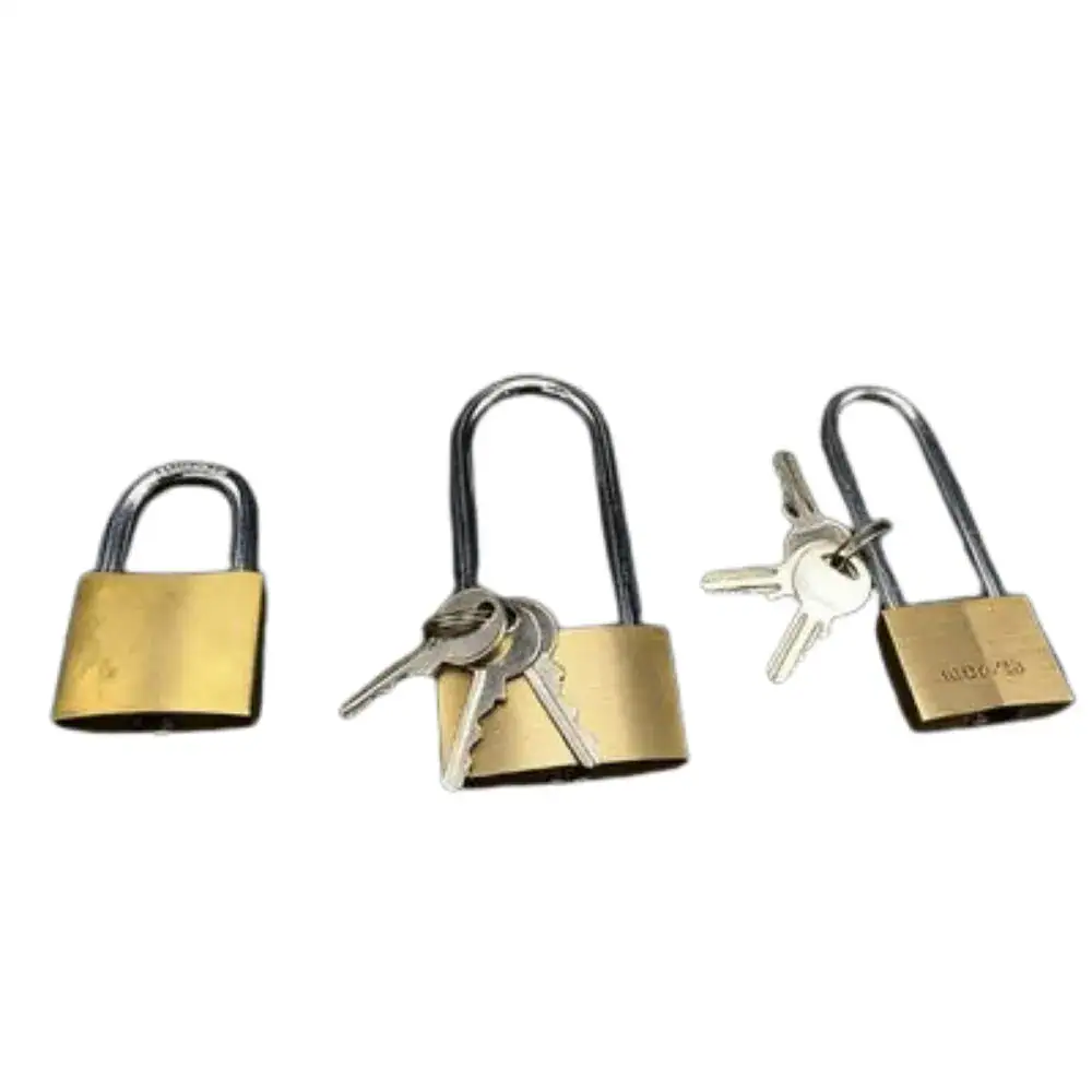 High security weatherproof padlock with keys, durable brass body, and shackle for outdoor use. Ideal for securing gates, lockers, and storage units in harsh weather conditions.