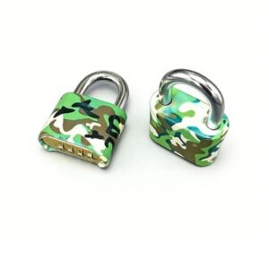 Colorful camouflage lock with stainless steel shackle, suitable for securing lockers, bikes, and outdoor gear. Durable and secure for personal and outdoor safety.
