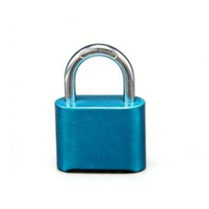 A blue padlock with a metal shackle, perfect for securing doors, lockers, and storage units, ensuring safety and security for your home or office.