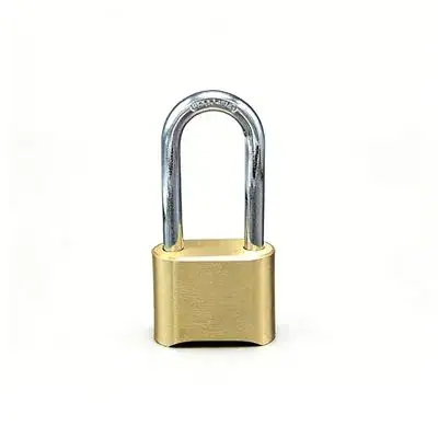 Padlock with brass body and steel shackle for locker security, ideal for securing lockers, cabinets, and storage units with reliable, durable locking mechanism.