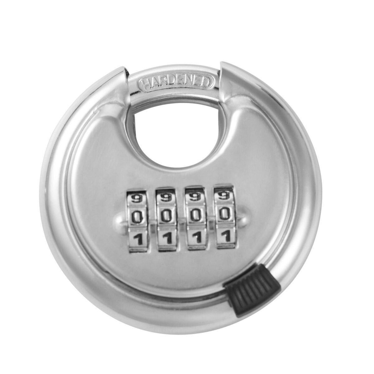 A close-up of a silver, round combination lock featuring a four-digit dial with numbers from 0 to 9. The lock has a sturdy, metallic design suitable for safes, lockers, or security boxes, emphasizing durability and security.