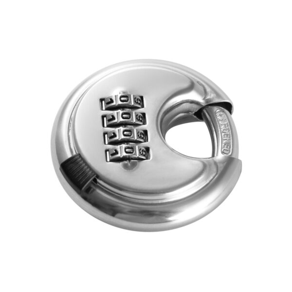 A close-up image of a metallic combination lock with four rotating dials, showcasing the secure locking mechanism. Perfect for safes, lockers, and security applications. The lock features a sturdy, chrome finish with the word "LOCKED" engraved on the front and is designed to prevent unauthorized access. It emphasizes durability, security, and ease of use, ideal for safeguarding valuables.