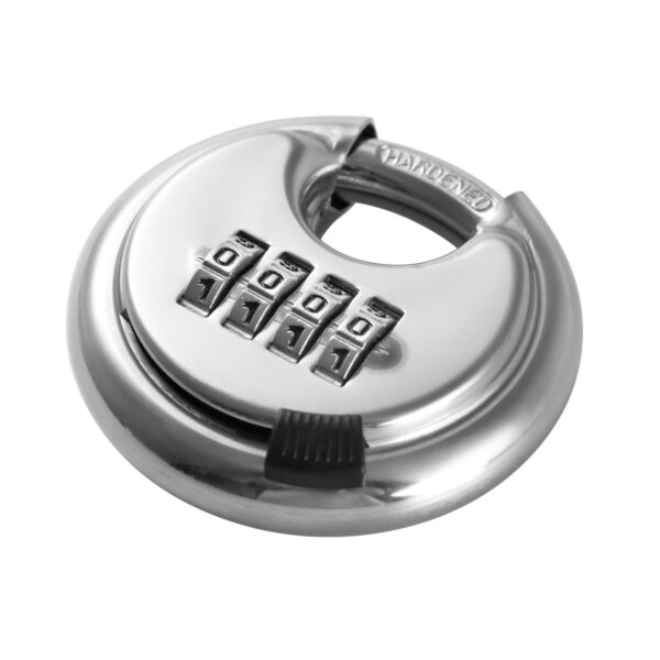 A silver combination lock with a four-digit code, featuring a sleek design ideal for securing valuables and ensuring safety. Perfect for home, office, and travel security needs.