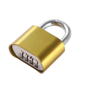 Combinations lock with a gold-colored body and four-digit combination keypad for secure storage and privacy. Perfect for lockers, safes, and personal belongings.