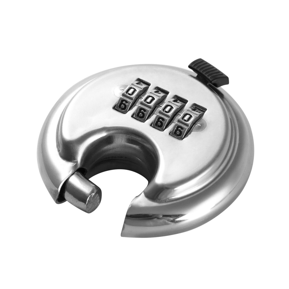 A close-up image of a modern, metallic combination lock safe designed for secure storage of valuables. The safe features a sturdy, rounded body with a four-digit combination dial and a black locking knob for enhanced security. Ideal for homes or offices to protect important items.