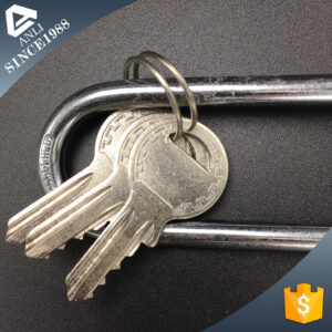 Shiny silver keys on a keyring with a metal latch, close-up shot for locksmith or security theme.