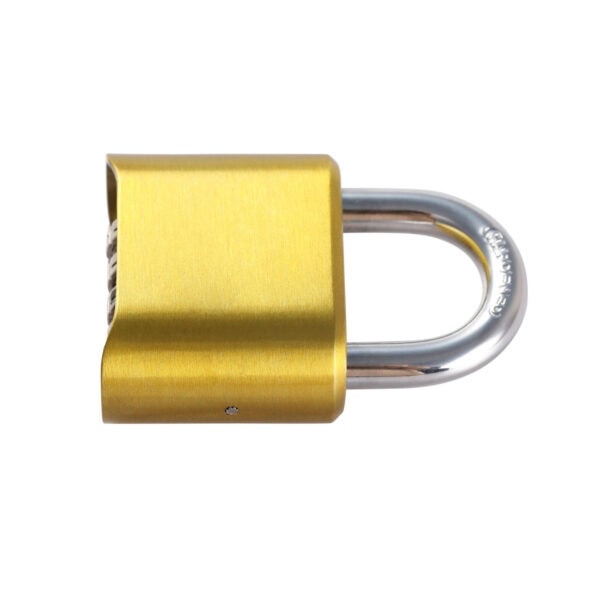 Shiny yellow padlock with metallic silver shackle for security and safety. Ideal for securing lockers, gates, or personal belongings with a robust and durable design.