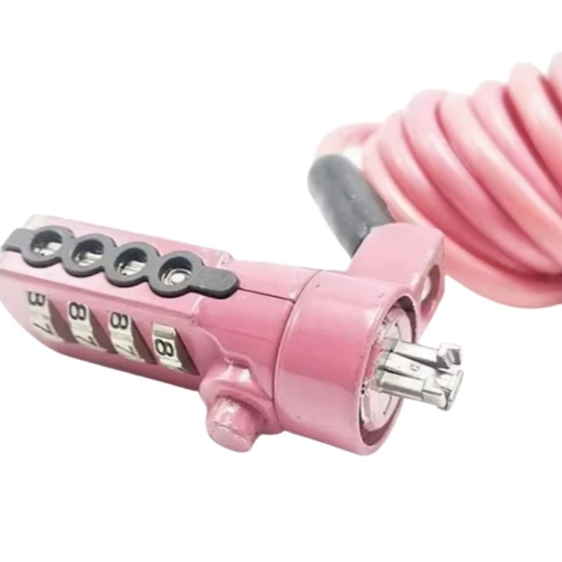 Secure pink cable lock for laptops with combination mechanism.