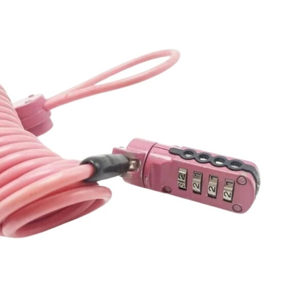 Pink cable lock with combination lock for securing laptops, ideal for theft prevention and portable security solutions.