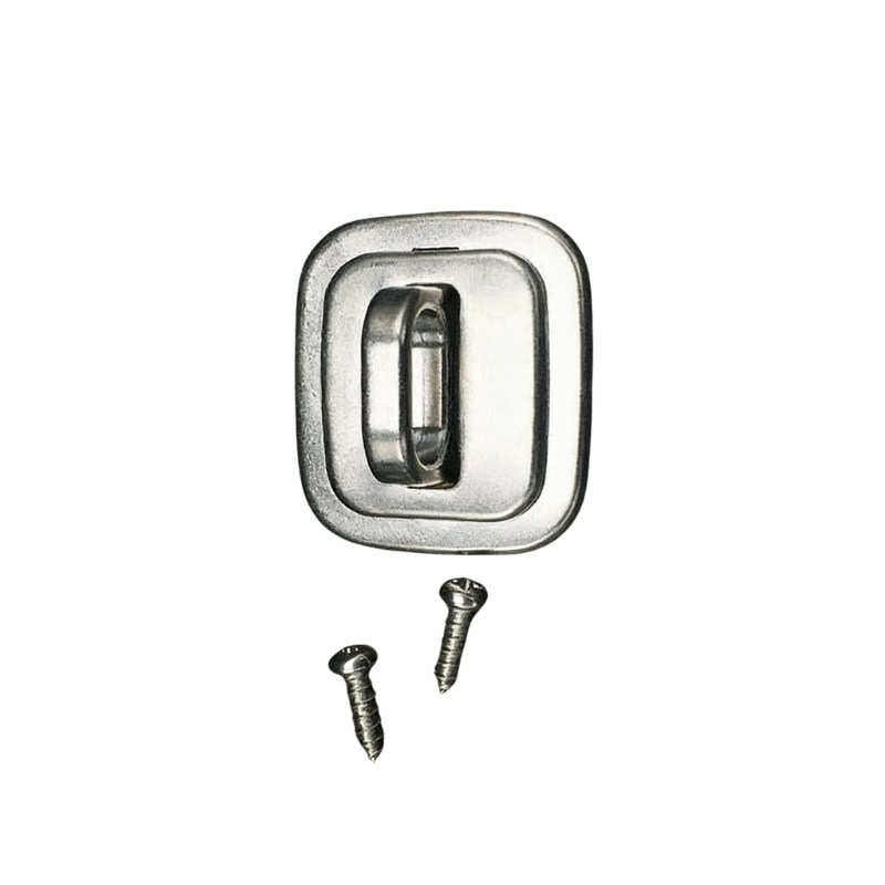 Close-up of a metallic laptop anchor lock with two screws, designed for securing laptops or electronic devices to surfaces for stability and theft prevention.