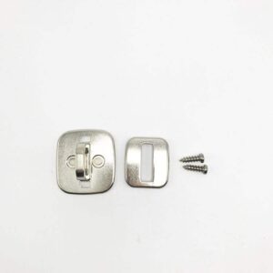Secure metal cabinet lock and mounting hardware for childproofing and safety. Easy to install with screws, ideal for keeping cabinets and drawers secure from children.
