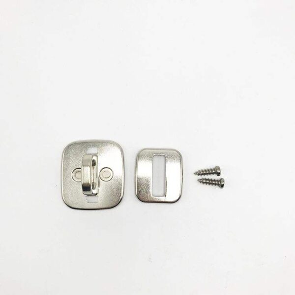 Secure metal cabinet lock and mounting hardware for childproofing and safety. Easy to install with screws, ideal for keeping cabinets and drawers secure from children.