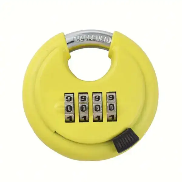 Lock with combination dial and yellow plastic casing for cycle security. Durable zinc alloy construction with anti-cut features, ideal for bike safety.