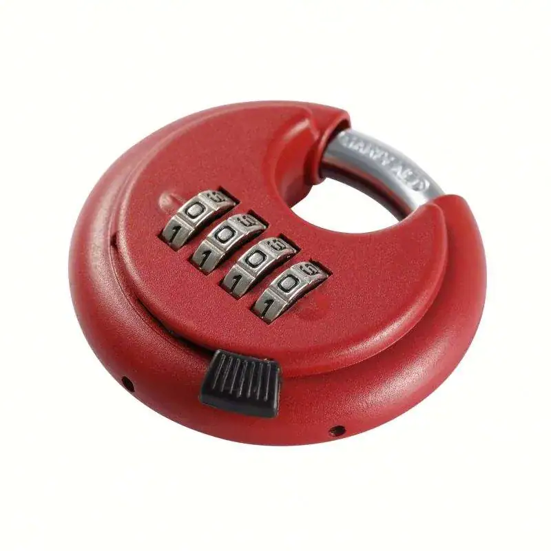 Red cycle lock with combination code, made of durable zinc alloy, designed to secure bicycles and prevent theft. Compact and weather-resistant for outdoor use.