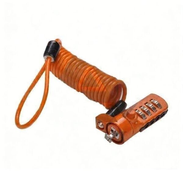 A compact, orange-colored lock with a retractable coil and keychain attachment, ideal for securing personal items during travel or outdoor activities. Features a durable design and easy-to-use combination lock mechanism.
