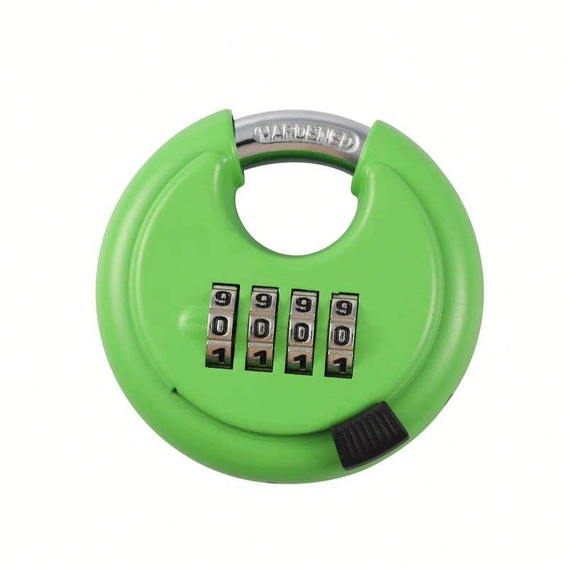 Bright green combination padlock with numeric dial for secure home and gym storage solutions.