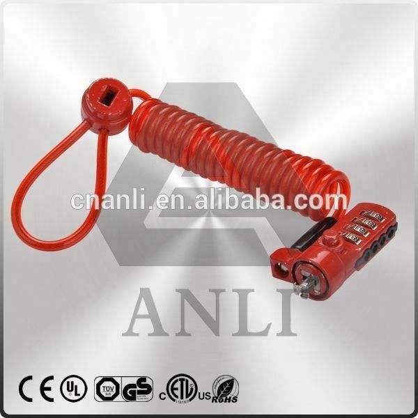 Red coil combination lock with keypad for secure luggage and storage protection.
