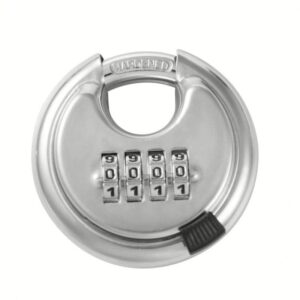 Stainless steel combination lock with four-digit code for secure storage and safety.