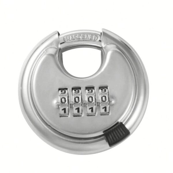 Stainless steel combination lock with four-digit code for secure storage and safety.