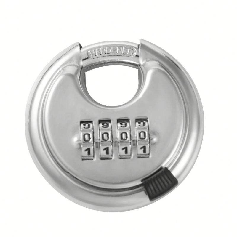 Stainless steel combination lock with four-digit code for secure storage and safety.