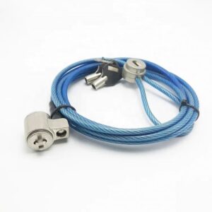 Security cable lock with blue cable and dual lock mechanism for electronic device safety.