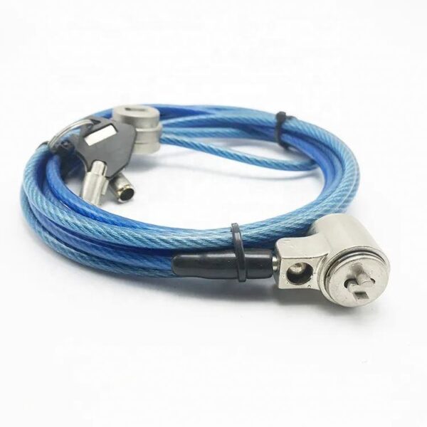 Blue coiled safety lock cable with high-quality steel and plastic components for secure and reliable protection in home or industrial environments. Perfect for securing valuables or equipment.