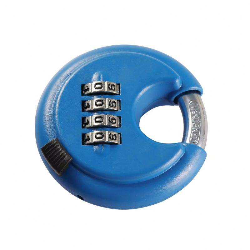 Combination lock for securing personal belongings or luggage, featuring a durable blue plastic body with four rotating digit wheels for customizable security.