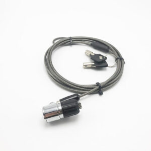 Cable lock with metal cable and key mechanism for secure home or office protection.