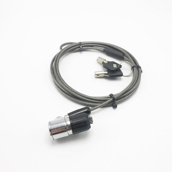 Cable lock with metal cable and key mechanism for secure home or office protection.