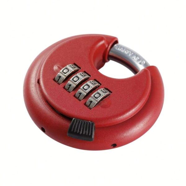 Combination padlock security lock for safes and lockers, red plastic body with black dial, ideal for home and gym safety, easy to set and operate.