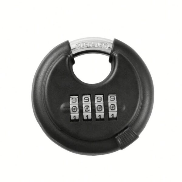 Combination lock with a circular black body and adjustable numeric dials for secure storage. Ideal for home safes, gym lockers, and personal security, providing reliable mechanism for safeguarding valuables.