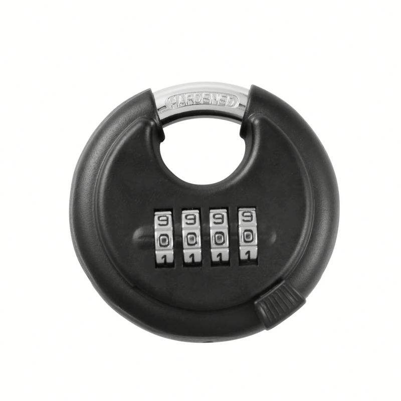 Combination lock with a circular black body and adjustable numeric dials for secure storage. Ideal for home safes, gym lockers, and personal security, providing reliable mechanism for safeguarding valuables.