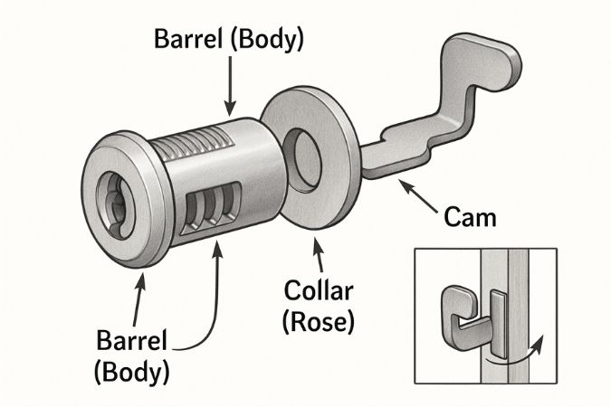 Lock cylinder component diagram showcasing barrel, collar, cam, and body parts for door lock mechanisms.