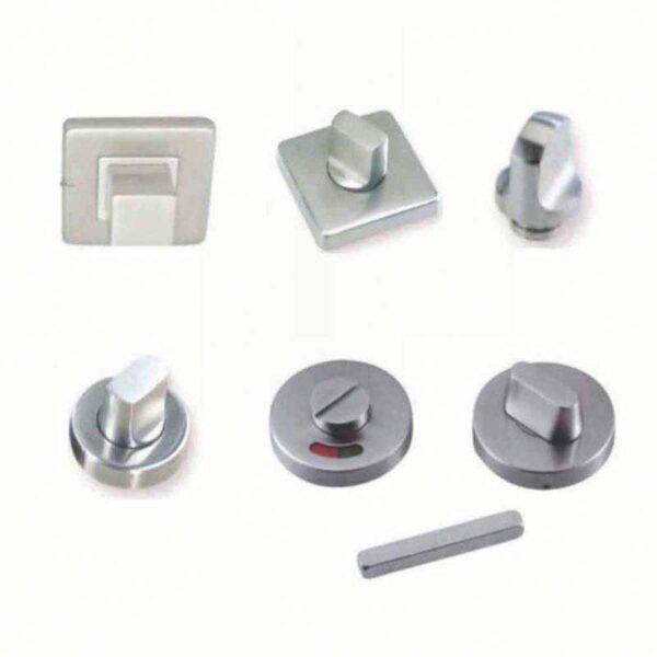 Aluminum control knobs and switches for home appliances or electronics; sleek modern design.