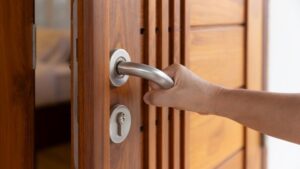 A person opening a wooden door with a modern silver door handle in a cozy, natural interior setting. Sustainable, stylish, and eco-friendly home design emphasizing quality craftsmanship.