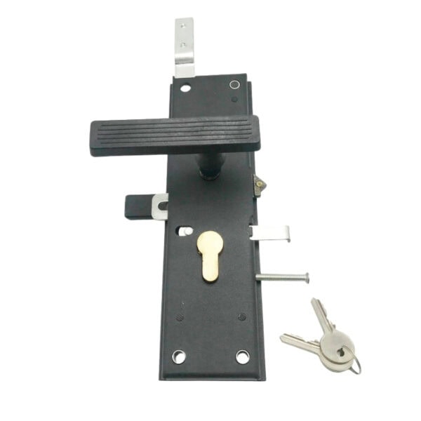 High-security garage door lock assembly with key, designed for reliable locking and easy access. Perfect for commercial and residential garage doors, ensuring safety and security.